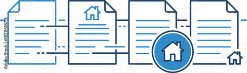 Real estate document processing icons with house symbols for legal home ownership paperwork and mortgage plan