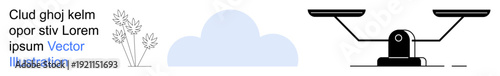 Legal balance, decision-making, equality, law, minimalism, abstract design. a balance scale alongside a cloud and grass. Legal balance and decision-making concept