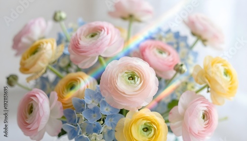 Soft pastel ranunculus and hydrangea bouquet with a subtle rainbow prism effect