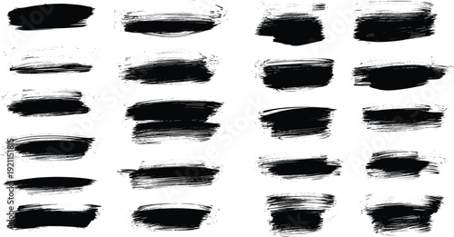 Black brush stroke set for grunge design element with paint texture ink splatter and artistic coal effect