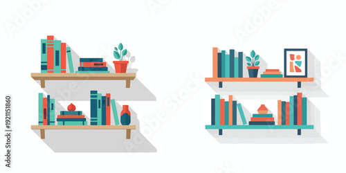 A minimalist flat vector illustration of two modern wall shelves with colorful books, a potted plant, stacked books, a small vase, and a framed abstract artwork, soft pastel tones