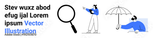 Magnifying glass, person pointing with tablet, another holding umbrella. Ideal for exploration, discovery, creativity, innovation, planning, problem-solving simple landing page