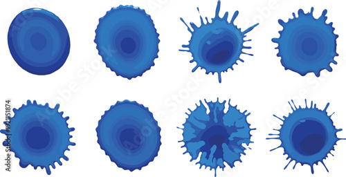 Blue paint splash set for water liquid drop effect with circular spots and splatter shapes for art design