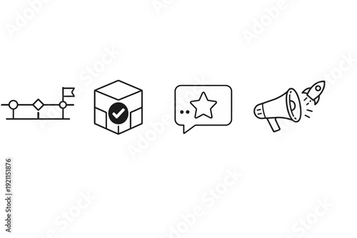 Collection of icons representing rating, packaging, feedback, and announcement in a minimalist line style