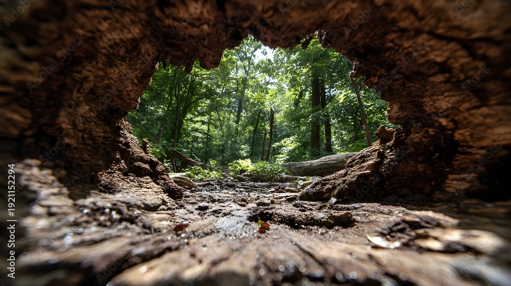 Obraz premium Hollowed out tree stump reveals lush forest landscape with vibrant green foliage outside
