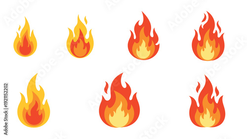 Set of six cartoon fire flames in various sizes and shapes, isolated on a white background, depicting heat and danger.