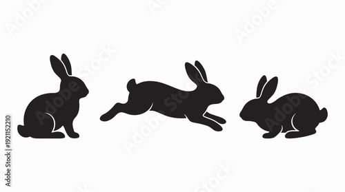 Rabbit Silhouettes Vector – Black Bunny Icons in Sitting, Hopping, and Crouching Poses for Spring Stickers, Nature Designs, and Easter-Themed Projects