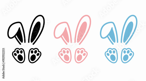 Bunny Ears and Paws Vector – Cute Rabbit Icons in Black, Pink, and Blue for Easter Stickers, Spring Crafts, and Playful Design Projects