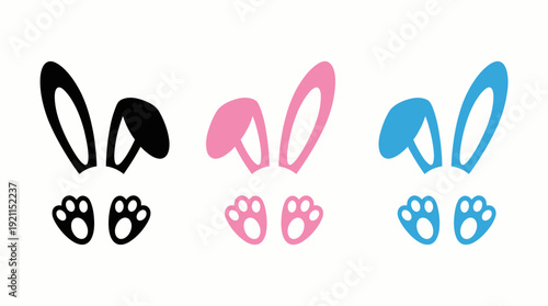 Bunny Ears and Paws Vector – Cute Rabbit Icons in Black, Pink, and Blue for Easter Stickers, Spring Crafts, and Playful Design Projects