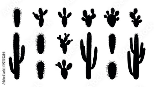 Collection of various cactus plant silhouettes in black and white.