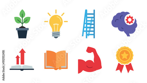 Collection of eight colorful icons representing personal growth and development.