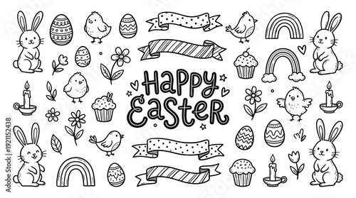 Happy Easter Doodle Vector Set – Black and White Hand-Drawn Rabbits, Chicks, Eggs, Flowers, and Banners for Holiday Crafts, Coloring Pages, and Spring Designs