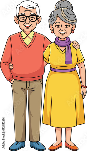 Cartoon illustration of a happy elderly couple with an older man and woman standing together for family and senior lifestyle designs.