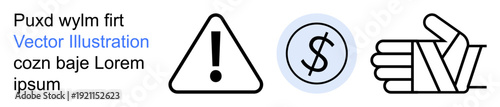 Financial safety, risk management, warning signs, injury claims, compensation, support services. A warning triangle, dollar icon and bandaged hand. Financial safety and risk management