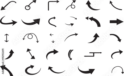 Collection of diverse black arrow icons and symbols, vector graphics for navigation and direction on white background.