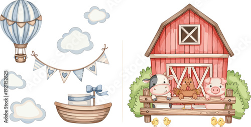 Cute watercolor red farm barn with cow chicken and pig plus whimsical blue hot air balloon and wooden boat with clouds for nursery decor.