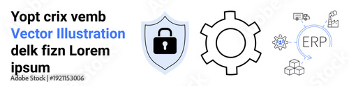 Shield with lock emphasizes data security, gear indicates processes, ERP workflow with interlinked logistics. Ideal for technology, automation, business, supply chain, security, management simple