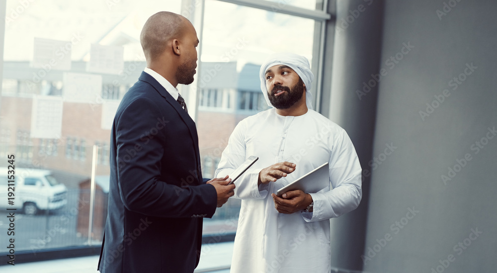 Fototapeta premium Meeting, communication and business people on tablet for finance review, proposal and investment research. Office, teamwork and Muslim man with tech for budget, growth and feedback report or plan