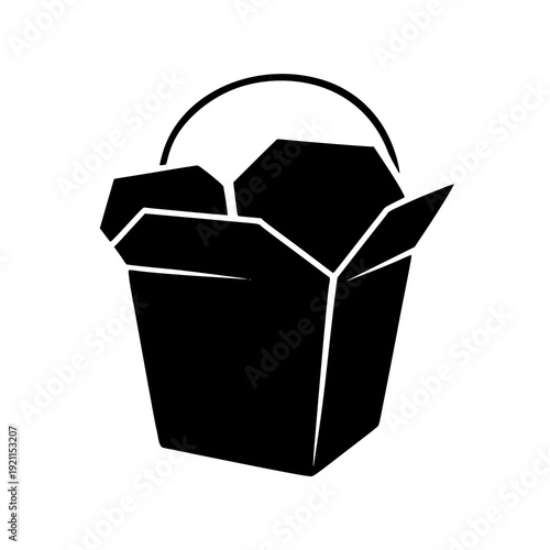 A stylized black and white illustration of a takeout container with a bag handle on top