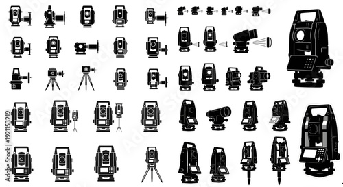 Detailed Total Station and Theodolite Black Silhouettes Icon Set,  A set of detailed black silhouettes showing different views and types of total stations and theodolites used in surveying