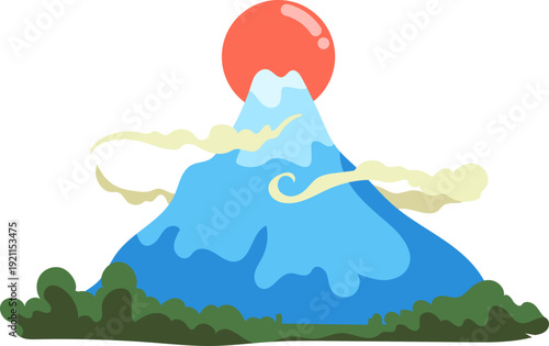 Mount Fuji Landscape with Rising Sun Illustration