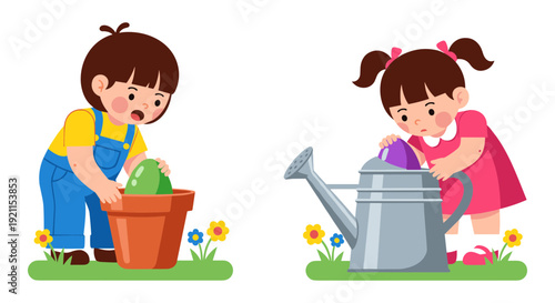 Two children engaged in outdoor gardening activities with watering cans and pots.