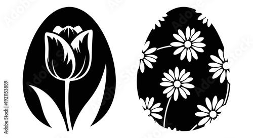 Elegant black and white floral designs on traditional egg shapes with tulip and daisies