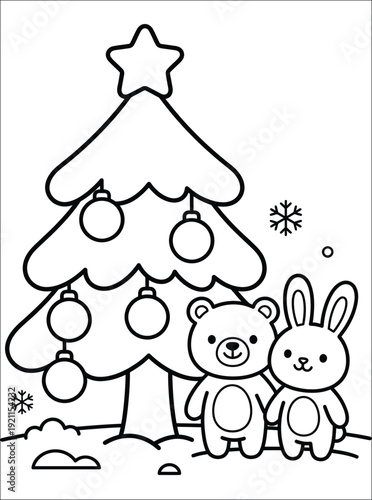 Cute Bear and Bunny by Christmas Tree Coloring Page
