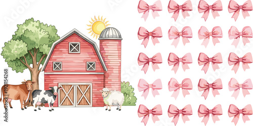Watercolor red barn farm landscape with cute cows and sheep plus pink ribbon bow set for nursery decor baby shower and girly stationery.