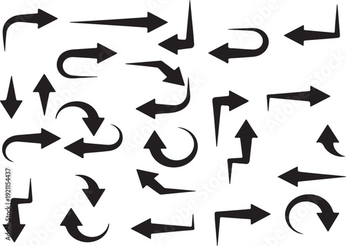 Assortment of black arrow icons and symbols in various styles, shapes, and directions for design and navigation purposes.