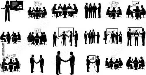Startup Pitch Meeting Silhouette Icons Featuring Entrepreneur, Investors, Presentation and Business Icons