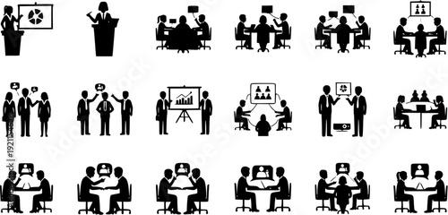 Office Management Activity Silhouette Sheet Featuring Desk Work, Meeting, Presentation and Business Icons