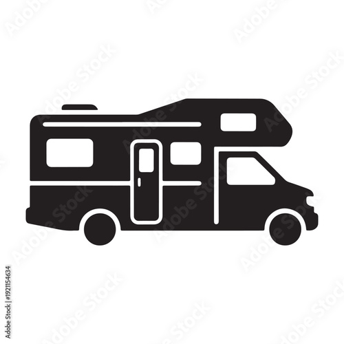 Black motorhome camper van vector icon isolated on transparent background