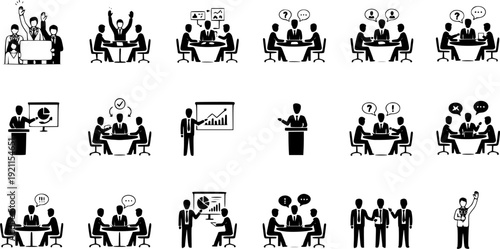 Conference Discussion Silhouette Icon Bundle with Round Table Meeting, Business People and Presentation Icons