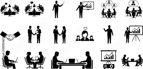 Business Strategy Planning Silhouette Pack Featuring Target, Graph, Meeting and Leadership Icons