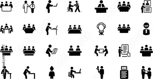 Professional Training Session Silhouette Set Including Instructor, Audience, Projector and Workshop Icons