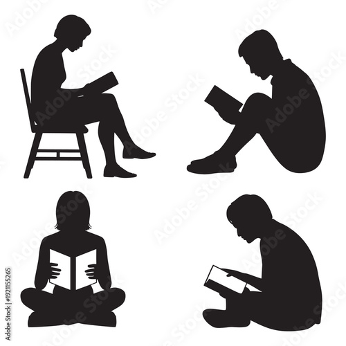 Four silhouettes of people reading books in different sitting positions on white background  people reading  reading silhouettes  book lovers  literacy