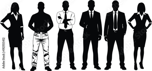 Business People Silhouettes Group Set Professional Team Men and Women in Suits and Casual Outfits Standing Together Vector Illustration Isolated
