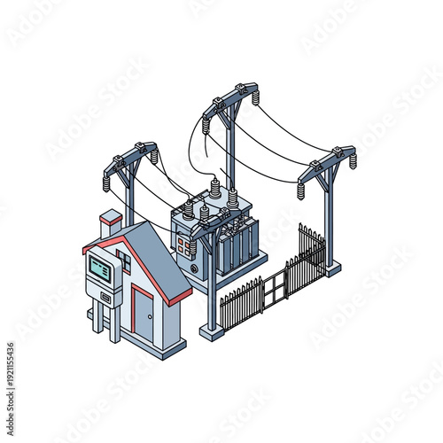 Electrical substation with transformer and switchgear.