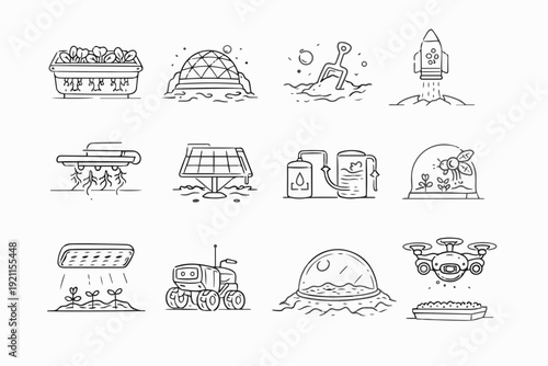 Illustrated collection of space exploration elements, from space station, rocket to drone