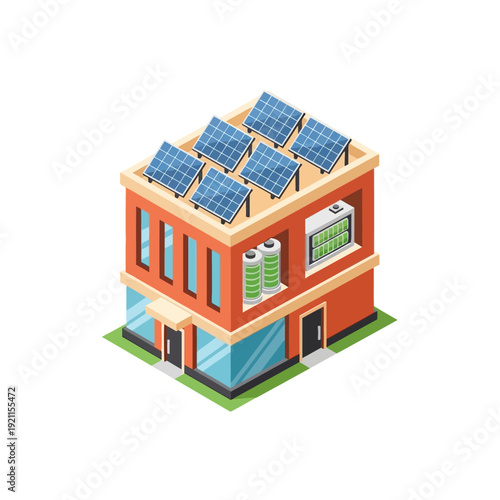 Isometric House with Solar Panels and Windows.