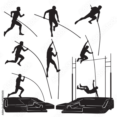 Black Pole Vault Silhouette Vector, High Quality Illustration on White Background