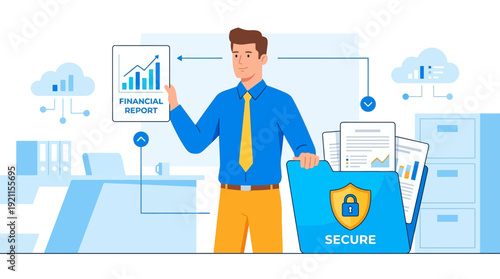 Financial Data Security & Cloud Management: Businessman with Secure Report Folder