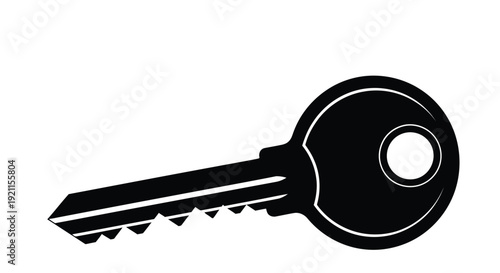 Simple black silhouette of a standard key on a plain white background