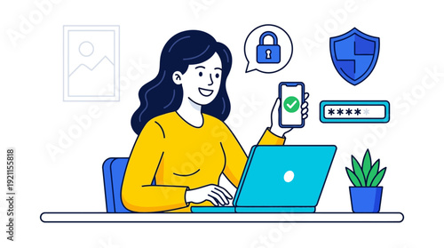Woman Managing Online Security with Laptop and Smartphone, Illustrating Secure Authentication, Data Protection, and Digital Privacy