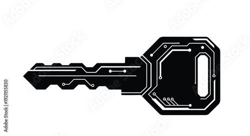 Simple black and white illustration of a standard house key on a white background