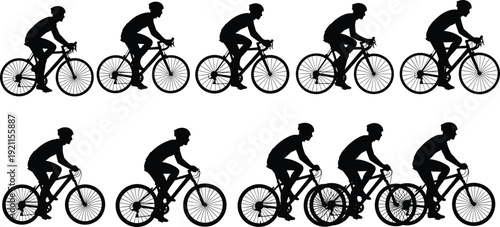 Cyclist silhouette set of professional bicycle riders in various positions and mountain bike silhouettes for sports racing and fitness vector.