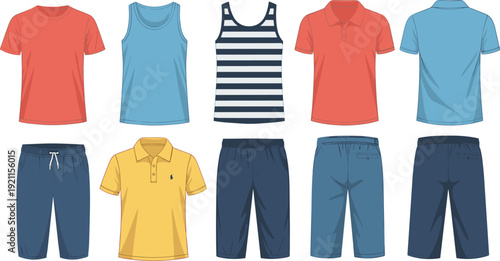 Casual men’s summer clothing collection featuring t-shirts, tank tops, polo shirts, and shorts in vibrant colors and striped designs for fashion catalog or retail apparel
