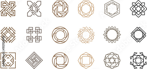 Collection of 20 geometric abstract symbols featuring intricate symmetrical designs, circular and polygonal patterns in shades of brown, gold, gray, and black for creative artwork