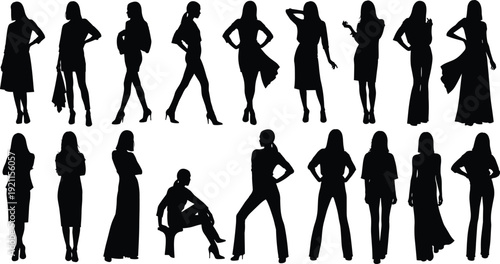 Collection of sixteen black silhouettes of individuals in diverse standing and seated poses showcasing fashion styles, clothing variations, and artistic posture references for design